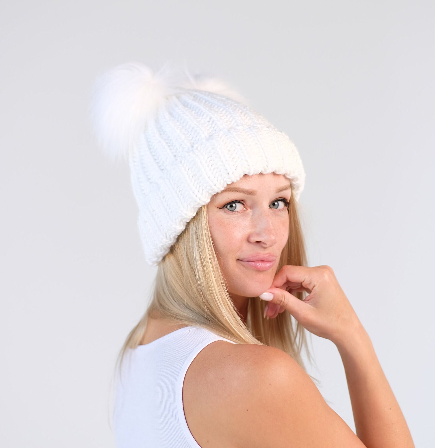 Pom Hat Women, Double Pom Pom Hat, Fleece Lined Hat, Faux Fur Pom Hat