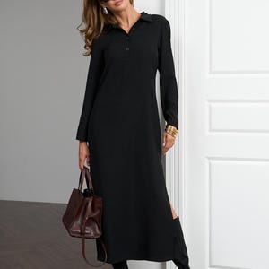Polo Midi Dress for Women, Minimalist Shirt Dress, Long Sleeve Slit Dress, Smart Casual Outfit, Black Viscose Dress