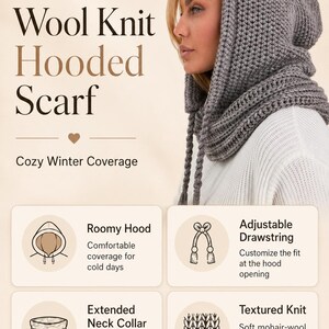 May include: A gray wool knit hooded scarf with a roomy hood and adjustable drawstring. The scarf has an extended neck collar and a textured knit design. The text on the image says "Cozy Winter Coverage" and "COZY. PRACTICAL. WINTER READY."