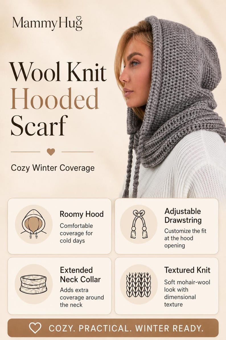 May include: A gray wool knit hooded scarf with a roomy hood and adjustable drawstring. The scarf has an extended neck collar and a textured knit design. The text on the image says "Cozy Winter Coverage" and "COZY. PRACTICAL. WINTER READY."