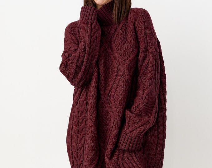 Oversized Cable Knit Turtleneck Sweater, Long Winter Pullover, Cozy Knitwear for Women, One Size (S-L)