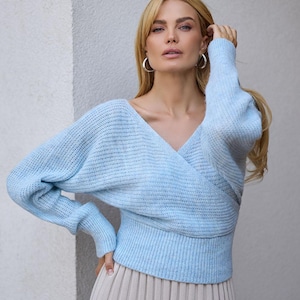 Wrap Wool Sweater, Knitted Long Puffy Sleeves Top