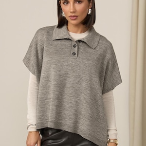 Women’s Wool Poncho Sweater, Oversized Knit Layer with Polo Collar and Side Slits, Soft Loose Pullover for Fall Winter, Gift for Her