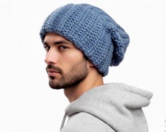 Chunky Knit Slouchy Beanie, Oversized Baggy Hat for Men, Wool Winter Cap, Big Warm Knitted Thick Hat, Christmas Gift for Her