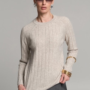 Ribbed Knit Cashmere Wool Sweater, Warm Womens Longsleeve Pullover, Soft Cozy Raglan Fit