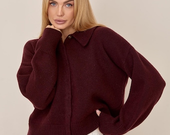 Wool Cashmere Button Cardigan, Minimalist Knit Jacket, Soft Relaxed Fit Sweater Top