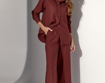 Linen Summer Set – Loose Shirt & Palazzo Pants | Minimalist Sustainable Loungewear | Boho Resort Outfit Women