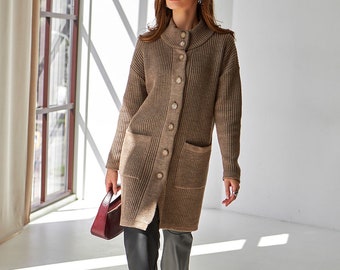 Knit Long Mohair Cardigan, Womens Warm Coat, Button Closure and Pockets, Casual Wool Long Coat Sweater, Knitted Woolen Coat