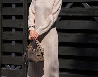 Knitted Wool Midi Maxi Dress, Womens Turtleneck Sweater Dress, Cozy Winter Knitwear, Sustainable Style