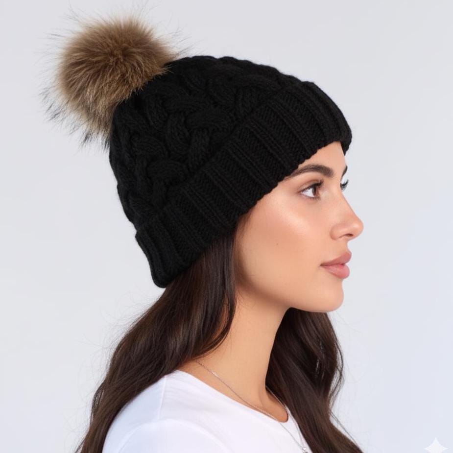 Cable Knit Pom Hat, Fleece Lined Beanie, Alpaca Merino  display picture 1