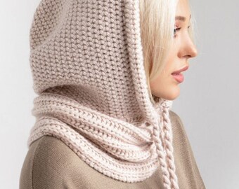 Hooded Scarf, Knit Wool Hood Scarf, Womens Snood, Scarf with Hood, Warm  Hooded Cowl, Head Scarf, Gift for Her