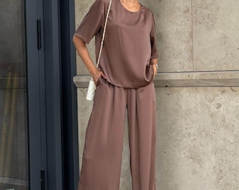 Silk Top and Wide Leg Pants for Women, Silk Blouse Half Sleeve, Loose Fit Pants, Silk Palazzo Trousers, Casual Silk Set, Silk Loungewear