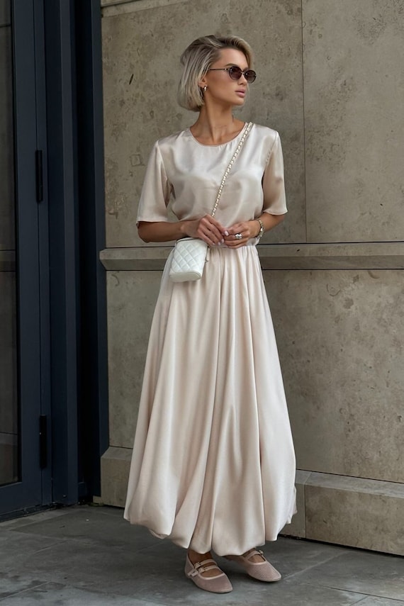 Bubble Maxi Skirts for Women Silk Skirts A Line Long Pleated