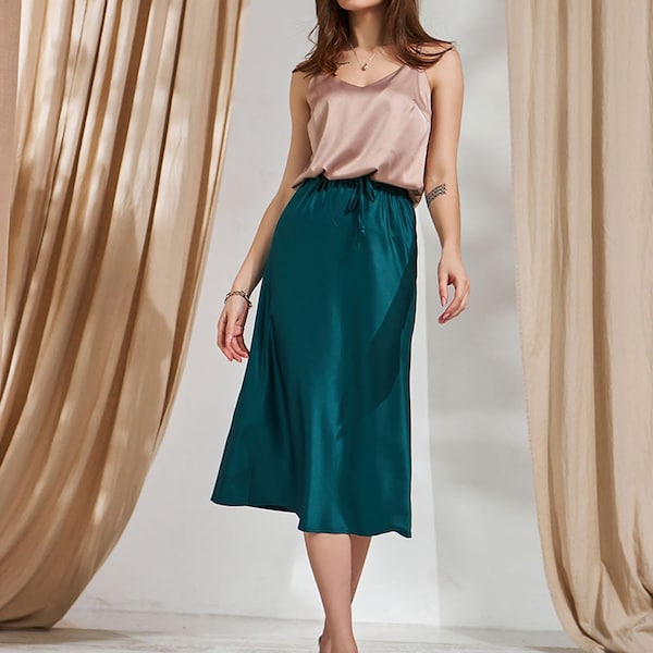 Silk Midi Skirt, Elegant Satin Skirt, High Waisted Skirt, Emerald Long Skirt, Silky Skirt, Summer Skirt