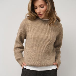 Merino Wool Crewneck Sweater, Soft Rib Knit Pullover, Warm Alpaca Mohair Jumper, Knitted Sweater for Women