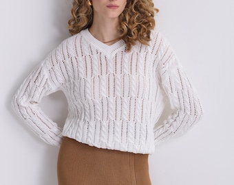 Openwork sweater, Loose Knit Sweater, Cotton Lightweight sweater, Sheer sweater, Long sleeve top, Gift for Her, Knit lace sweater for womens