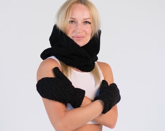 Hooded Scarf Mittens Set, Womens Sherpa Set, Fleece Mittens Gloves, Hooded Cowl, Christmas Gift for Her, Winter Warm Set, Trending Now