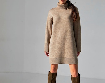 Mohair Sweater Dress, Turtleneck Dress, Oversized Sweater, Casual Warm Dress, Gift for Her, Mini Wool Dress, Hand Knitted Sweater, Knitwear