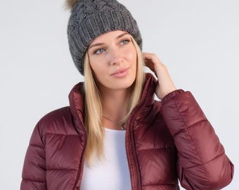 Cable Knit Pom Hat, Fleece Lined Beanie, Alpaca Merino  display picture 1