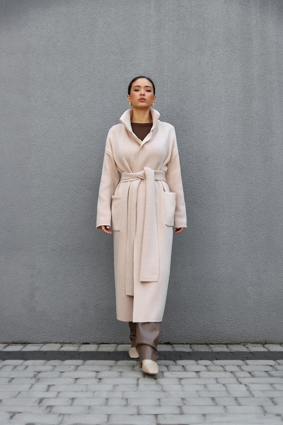 【DEARMINE】(Made) Hidden Belted Wool Long Coat Women's Belted Cardigan, Wool Long Coat With Pockets