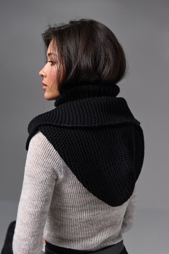 RIBBED KNIT WOOL HOODED SCARF ブラック RIBBED KNIT WOOL HOODED SCARF-リブニットウールフードスカーフ-HYKE