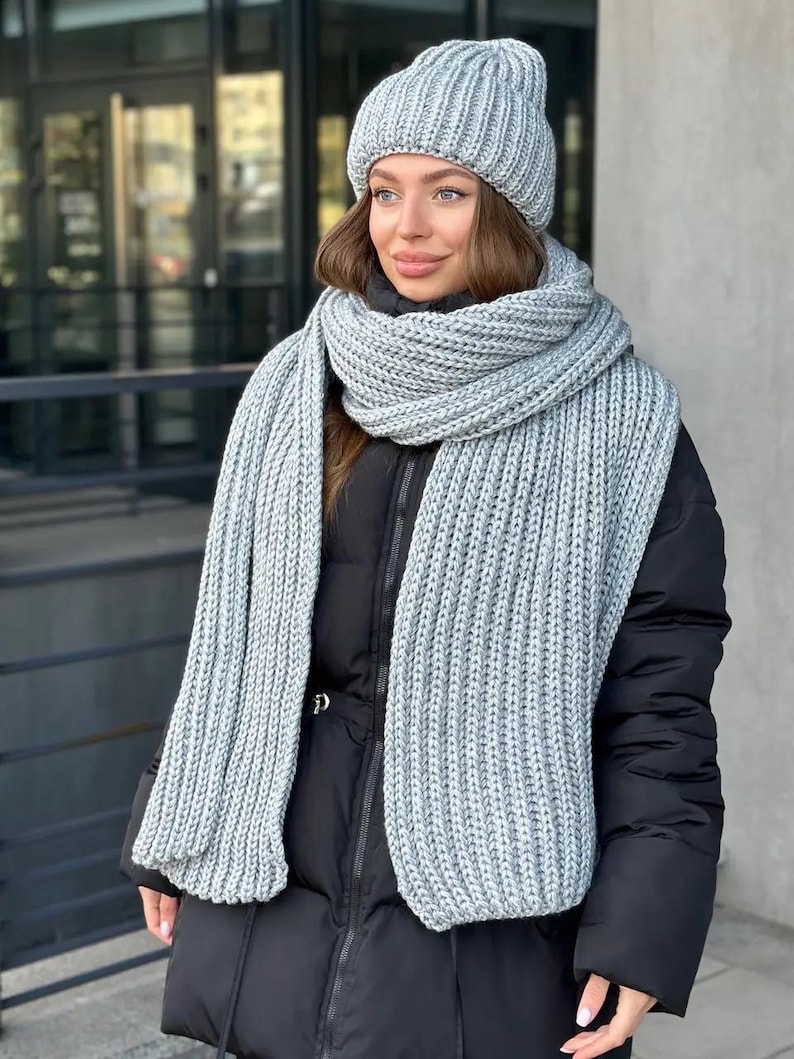 Chunky Hat and Scarf Set for Women, Knitted Wool Scarf and Hat, Warm ...