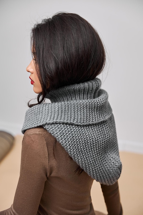 Grey Hooded Scarf, Knit Hoodie Scarves, Womens Snood, Warm Hooded
