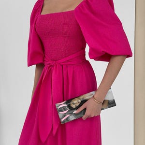 Leinen Wickelkleid, Wende-Sommerkleid, Lässiges Midikleid, Öko-Baumwollleinen, Bindegürtel, Sculpting Fit, Boho Chic, Atmungsaktiver Stoff