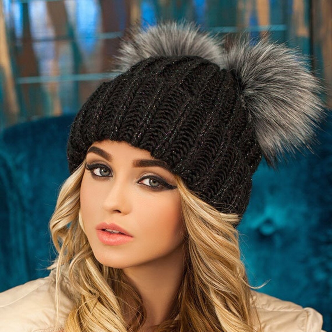 Pom Hat Women Double Pom Pom Hat Fleece Lined Hat Faux Fur Etsy