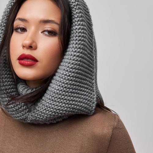 Grey Hooded Scarf, Knit Hoodie Scarves, Womens Snood, Warm Hooded