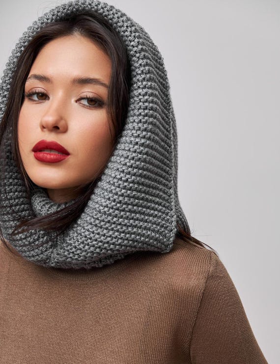 Buy Grey Hooded Scarf, Knit Hoodie Scarves, Womens Snood, Warm