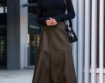 Vegan Leather Midi Skirt, A-Line, Mid Waist, Zipper Back, Elegant Chic, Office Wear, Modern Style, Minimalist Outfit, Spring Summer Fashion