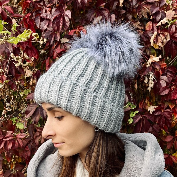 Surell Fox Fur Pom Pom Knit Hat - Removable Real Fur Pom, Warm Winter Beanie, Black