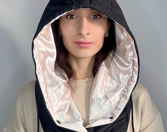 Waterproof hooded scarf with silk lining, Womens hood for curly hair, Gift for her