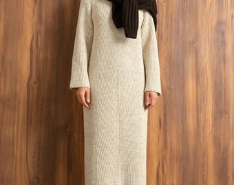 Wool Midi Dress, Knit Winter Sweater Dress, Warm Minimalist High Neck Outfit, Womens Knitwear