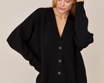 Oversized Merino Wool Cardigan, Womens V Neck Sweater, Button Front Knit Cardigan, Soft Warm Knitwear