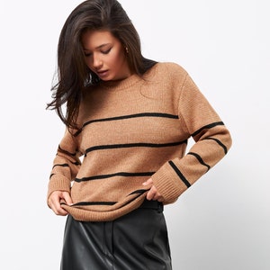Stripe Wool Knit Top Pullover Sweater Casual Alpaca Long Sleeve Shirt Top Womens Warm Clothing