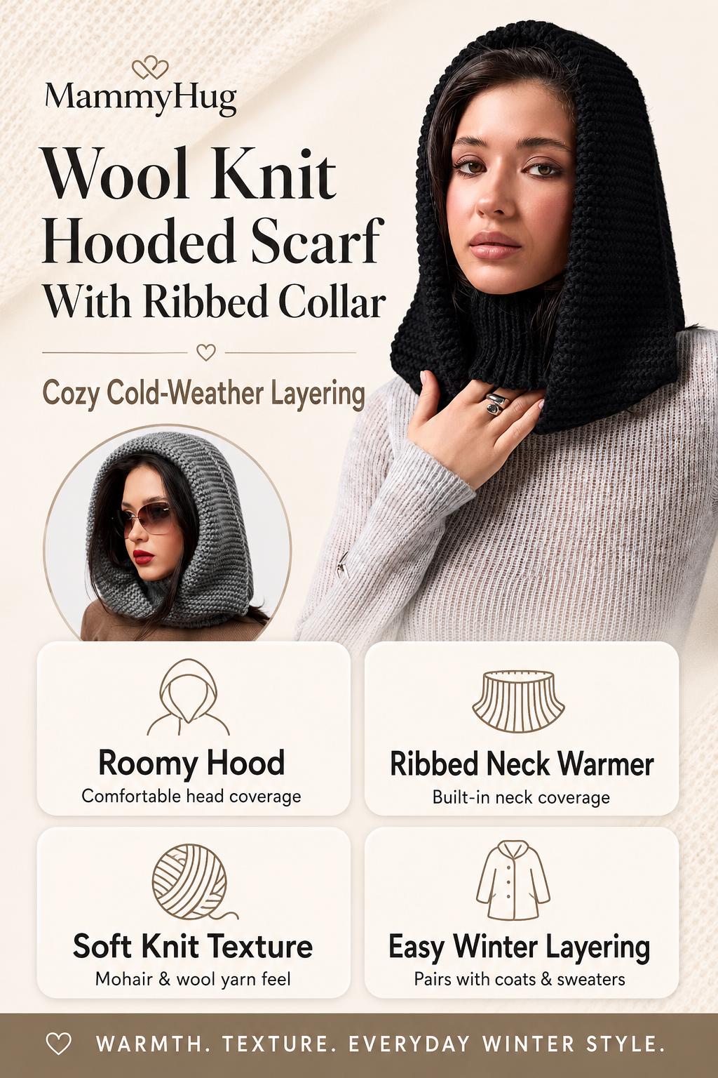 RIBBED KNIT WOOL HOODED SCARF ブラック RIBBED KNIT WOOL HOODED SCARF-リブニットウールフードスカーフ-HYKE