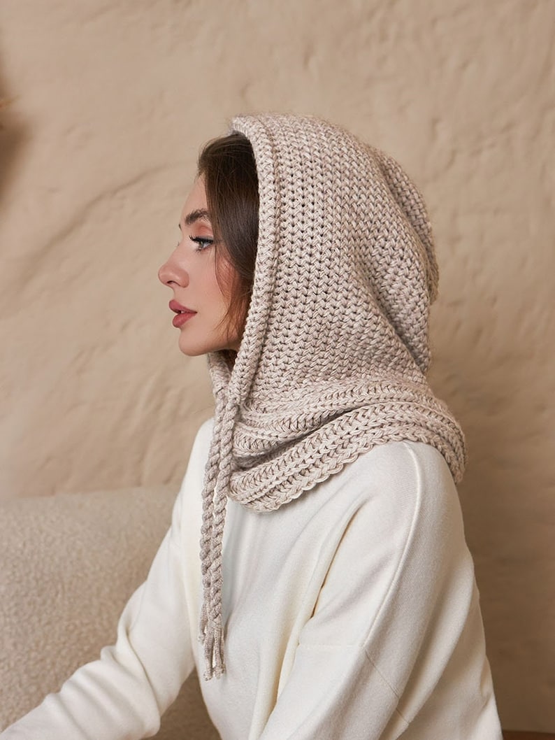 Beige Wool Balaclava Hat, Women Knit Balaclava, Knitted Women Hood, Winter Hat, Knit Hood, Neck Warmer, Trending Now, Outdoors Gift