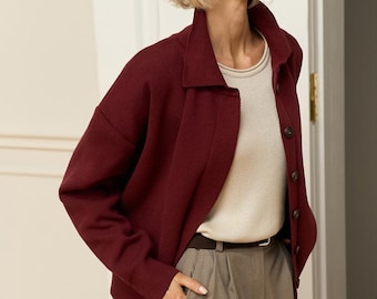 Knit Jacket, Hidden-Placket Cardigan, Relaxed Fit Bomber, Short Coats, Women’s Capsule Layer