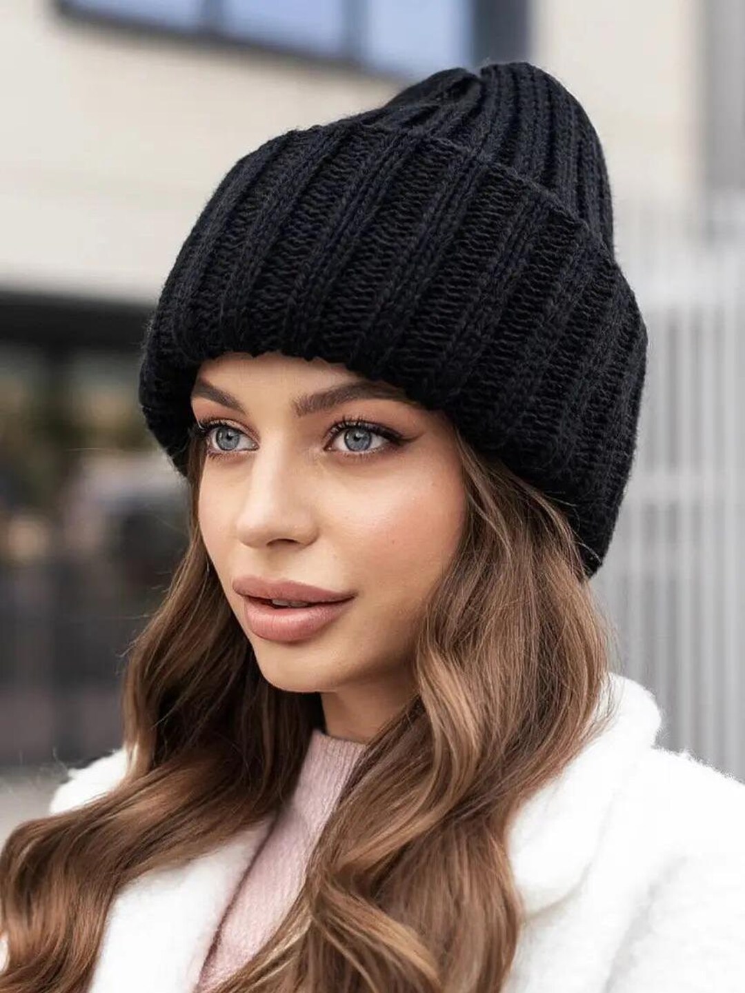 Winter Hat Plush Ball Decor Thickened Knitted Solid Color