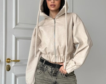 Cashmere Crop Hoodie, Bomber Jacket Women, Cropped Zip Up Hoodie, Gifts for Women, Casual Streetwear
