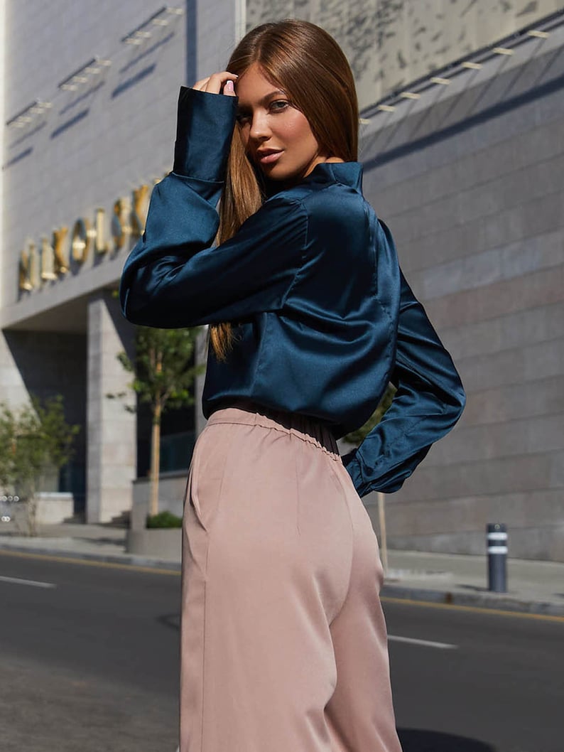 Elegant Silk Blouse, Cowl Neck Blouse, Long Sleeves Silk Shirt, Satin  Blouse, Formal Blouse Women, Office Silk Blouse