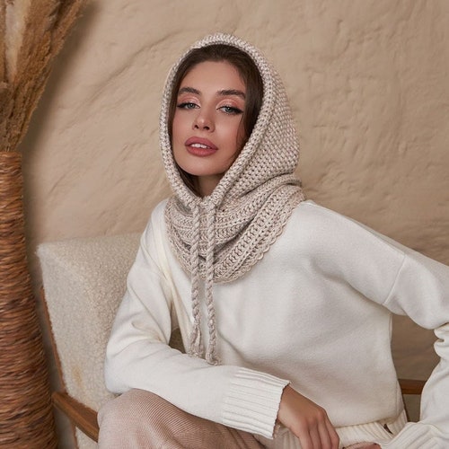Cagoule en laine beige, cagoule en tricot pour femme, cagoule tricotée pour femme, bonnet d'hiver, cagoule en tricot, tour de cou, tendance actuelle, cadeau plein air