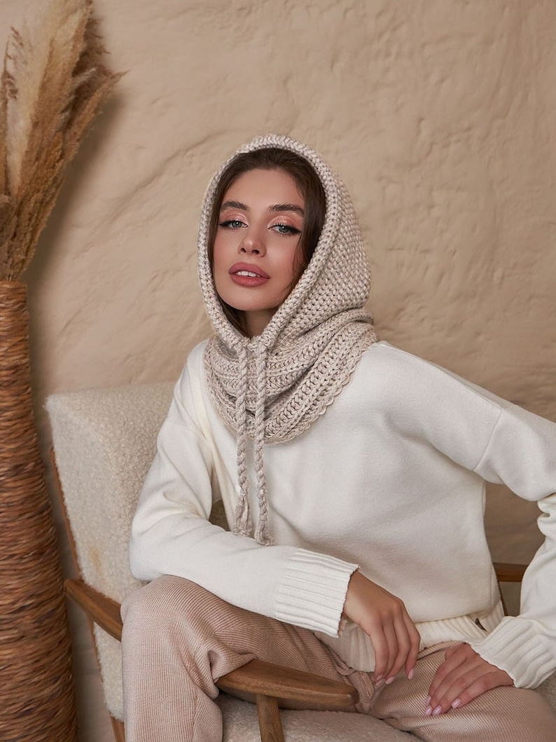 Beige Wool Balaclava Hat, Women Knit Balaclava, Knitted Women Hood, Winter Hat, Knit Hood, Neck Warmer, Trending Now, Outdoors Gift