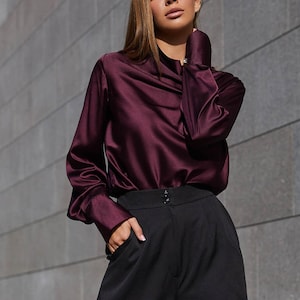 Elegant Silk Blouse, Cowl Neck Blouse, Long Sleeves Silk Shirt, Satin Marsala Blouse, Formal Blouse Women, Office Silk Blouse