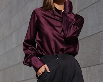 Elegante Seidenbluse, Bluse mit Wasserfallausschnitt, langärmliges Seidenhemd, Satin-Marsala-Bluse, formelle Bluse für Damen, Büro-Seidenbluse