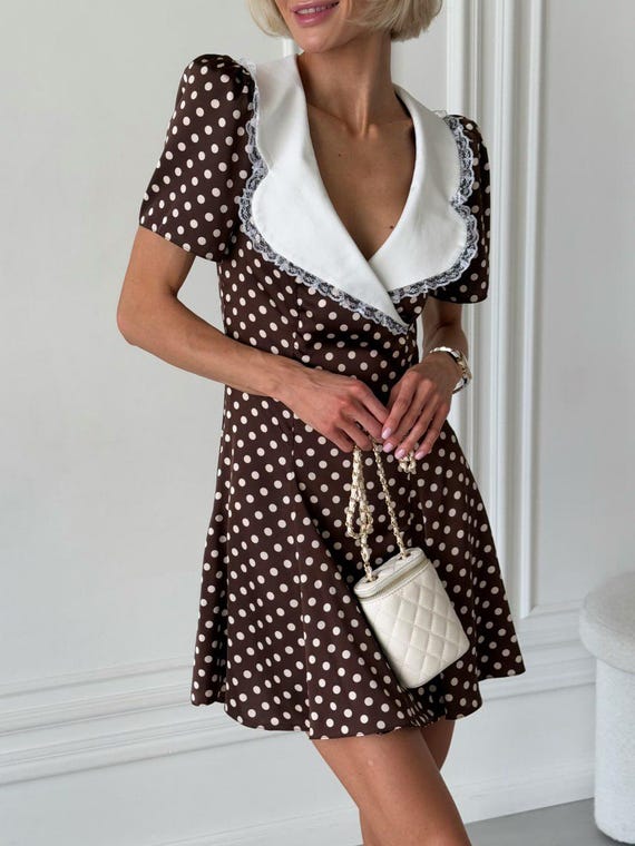 polka dot dress elegant Berylove Women Polka Dot One Shoulder Formal Dress Black White A Line Puff Sleeve Party Dress, Black White Dot / US26W main image 1