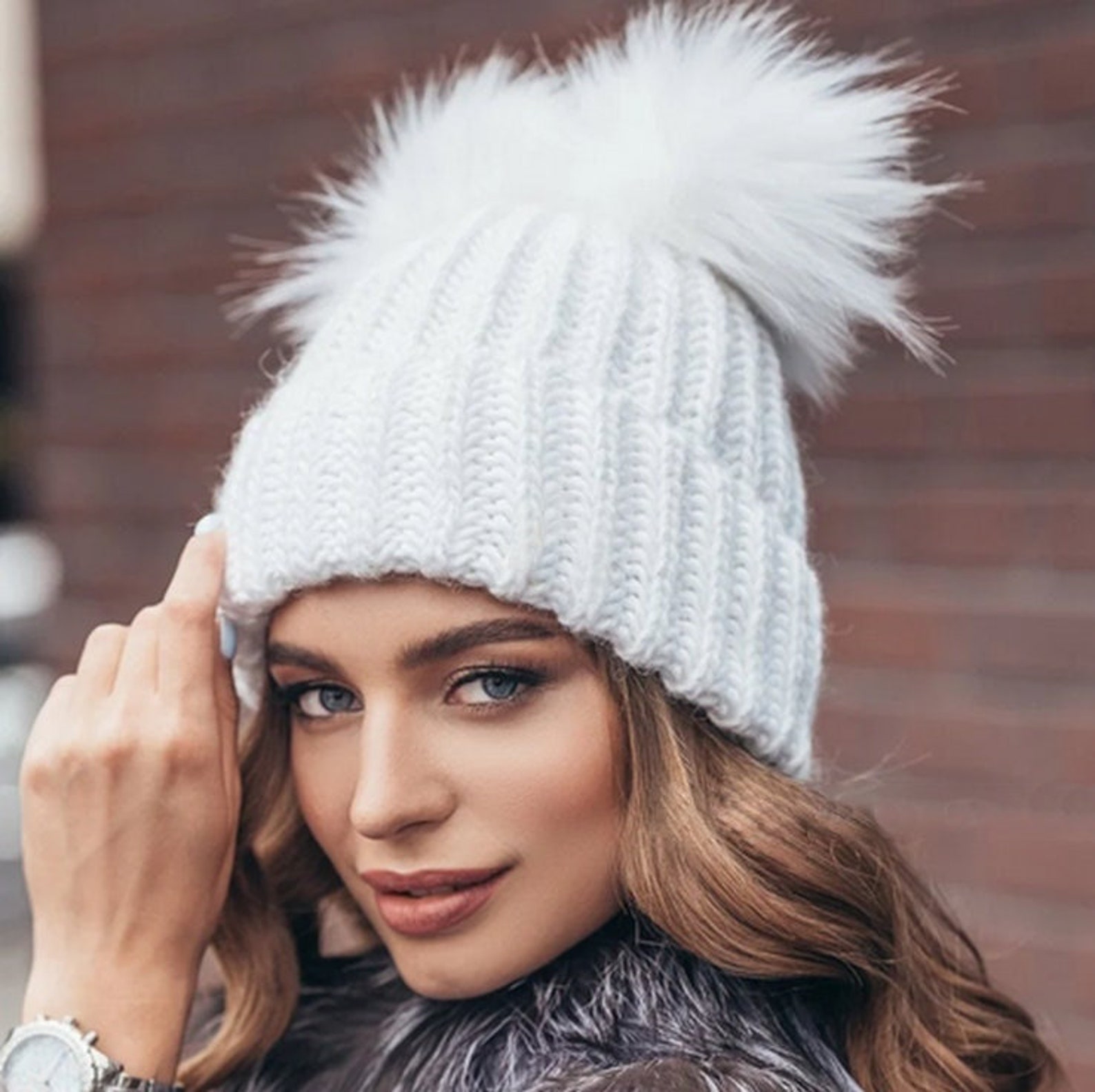 Pom Hat Women Double Pom Pom Hat Fleece Lined Hat Faux Fur Etsy