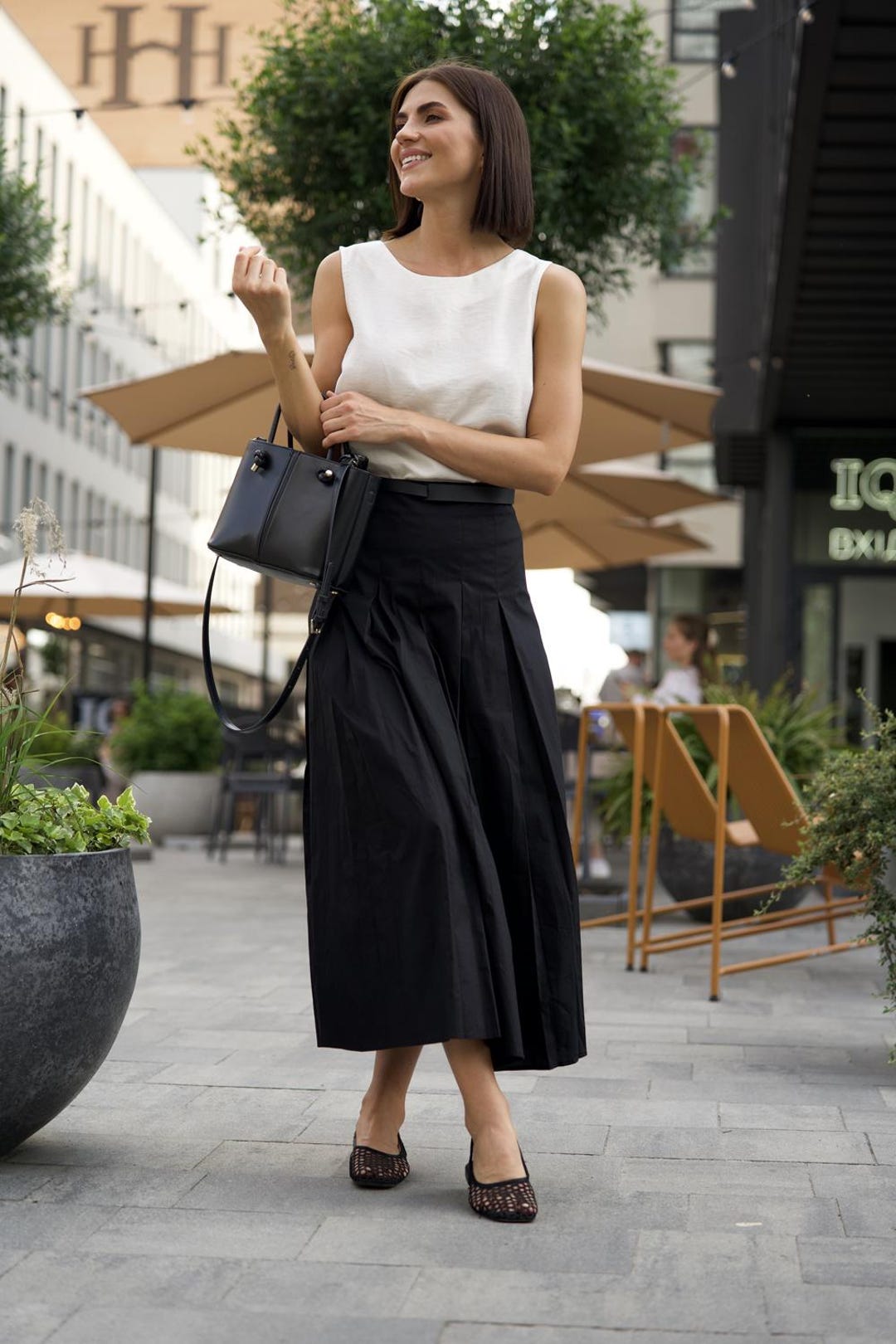 Jupe midi plissée, Jupe trapèze en coton avec fermeture à